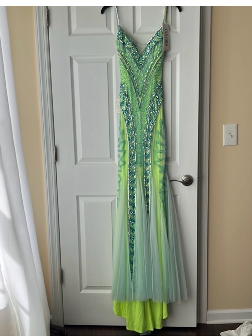 Zara Lime Green Beaded V-Neck Prom Gown